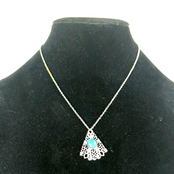 Vintage Style Silver-Tone Filigree Pendant Necklace With Turquoise Accent - Picture 2 of 6